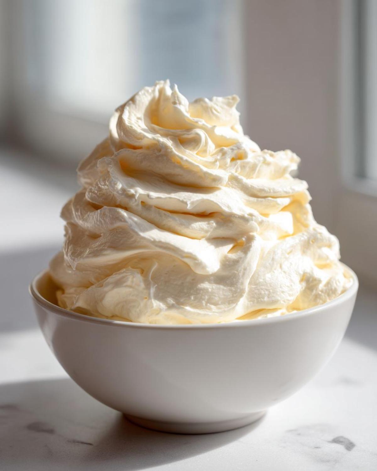 A generous swirl of light yellow vanilla buttercream frosting piled high in a small white bowl.