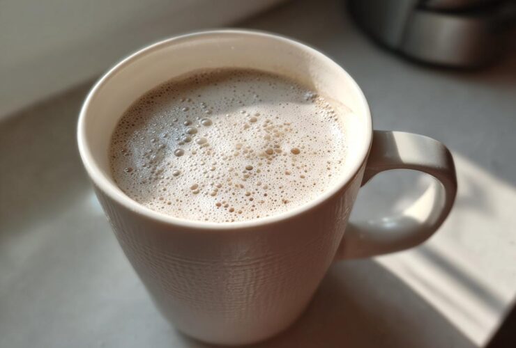 Close-up of a mug filled with creamy, foamy white hot chocolate, catching warm sunlight.