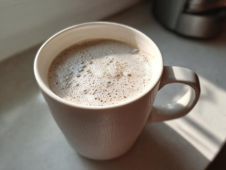 Close-up of a mug filled with creamy, foamy white hot chocolate, catching warm sunlight.