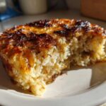A portion of savory french onion butter rice with a deeply caramelized, crispy top layer, served on a white plate.