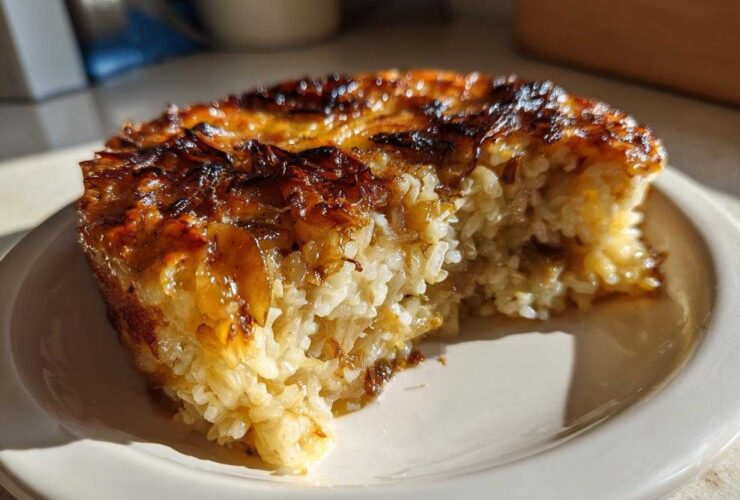 A portion of savory french onion butter rice with a deeply caramelized, crispy top layer, served on a white plate.