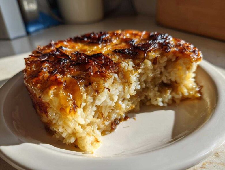 A portion of savory french onion butter rice with a deeply caramelized, crispy top layer, served on a white plate.