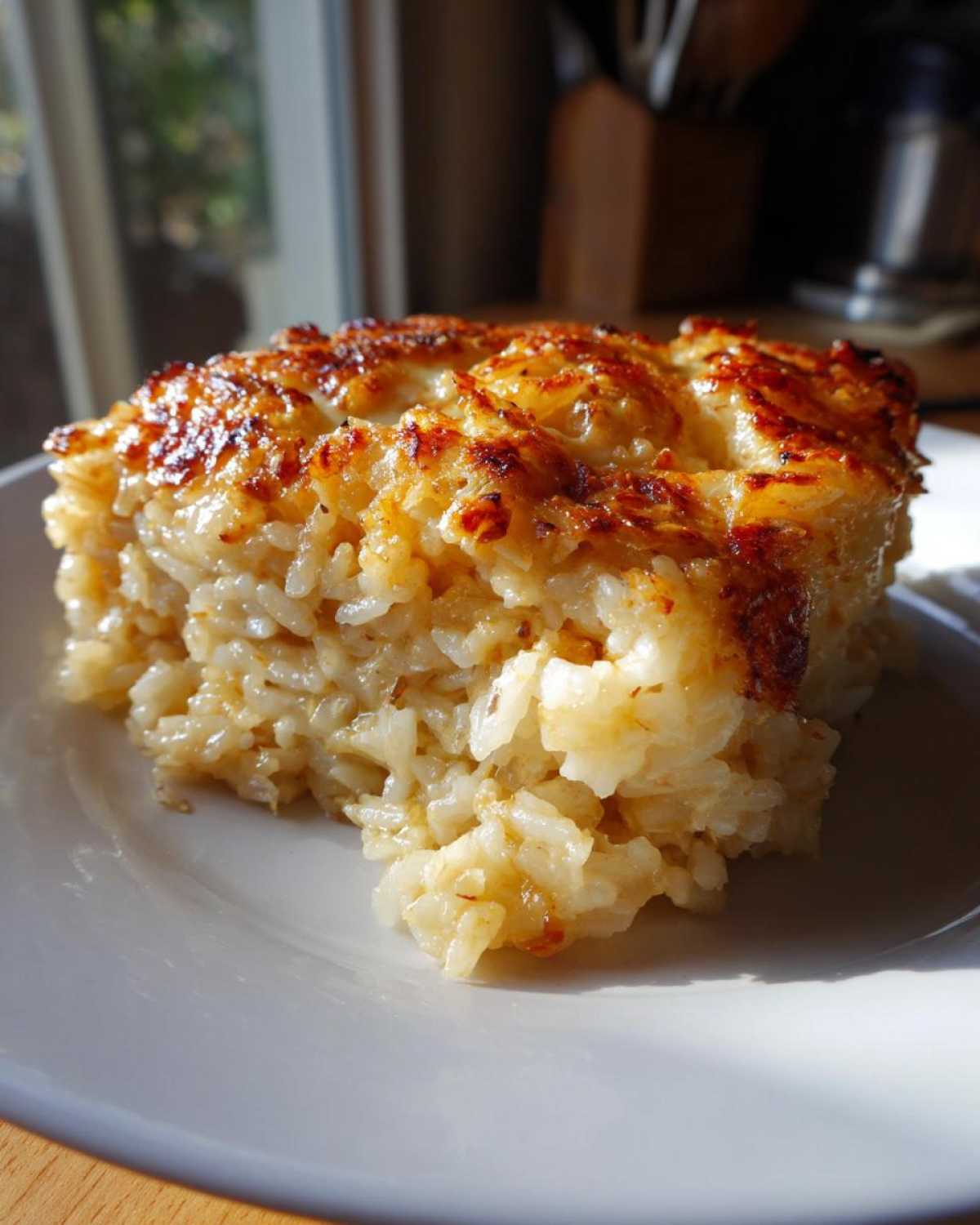 A square serving of rich french onion butter rice with a deeply caramelized and cheesy top, served on a white plate.