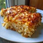 Two squares of baked french onion butter rice with a deeply caramelized, crispy top layer.