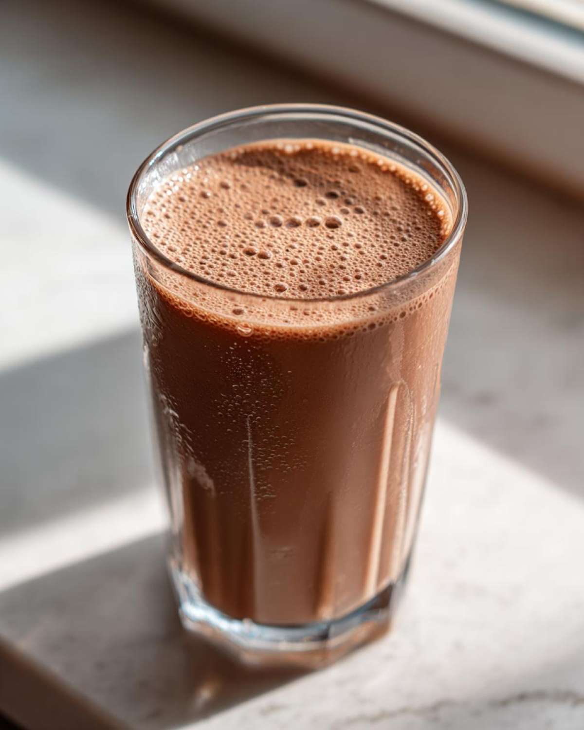 A tall glass filled with freshly mixed, frothy chocolate milk sitting on a light surface near a window.