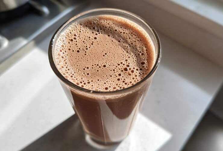 Close-up overhead view of a glass filled with freshly made, frothy chocolate milk sitting in bright sunlight.