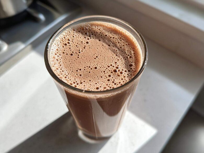 Close-up overhead view of a glass filled with freshly made, frothy chocolate milk sitting in bright sunlight.