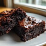 Two fudgy date brownies stacked slightly, showing a rich, dark interior and shiny top with chocolate chips.
