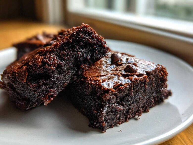 Two fudgy date brownies stacked slightly, showing a rich, dark interior and shiny top with chocolate chips.