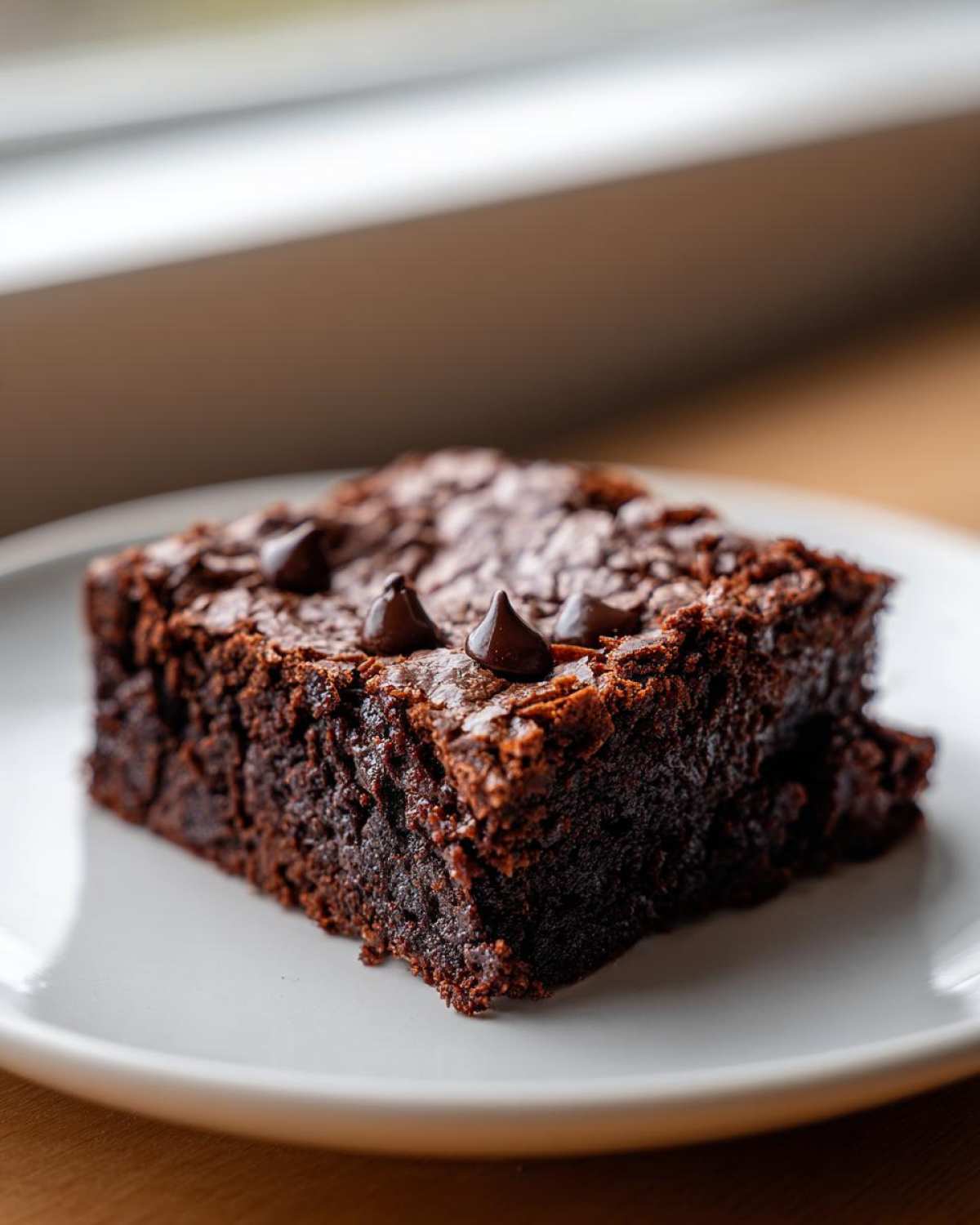 A close-up of a fudgy, dark chocolate date brownies slice topped with chocolate chips on a white plate.