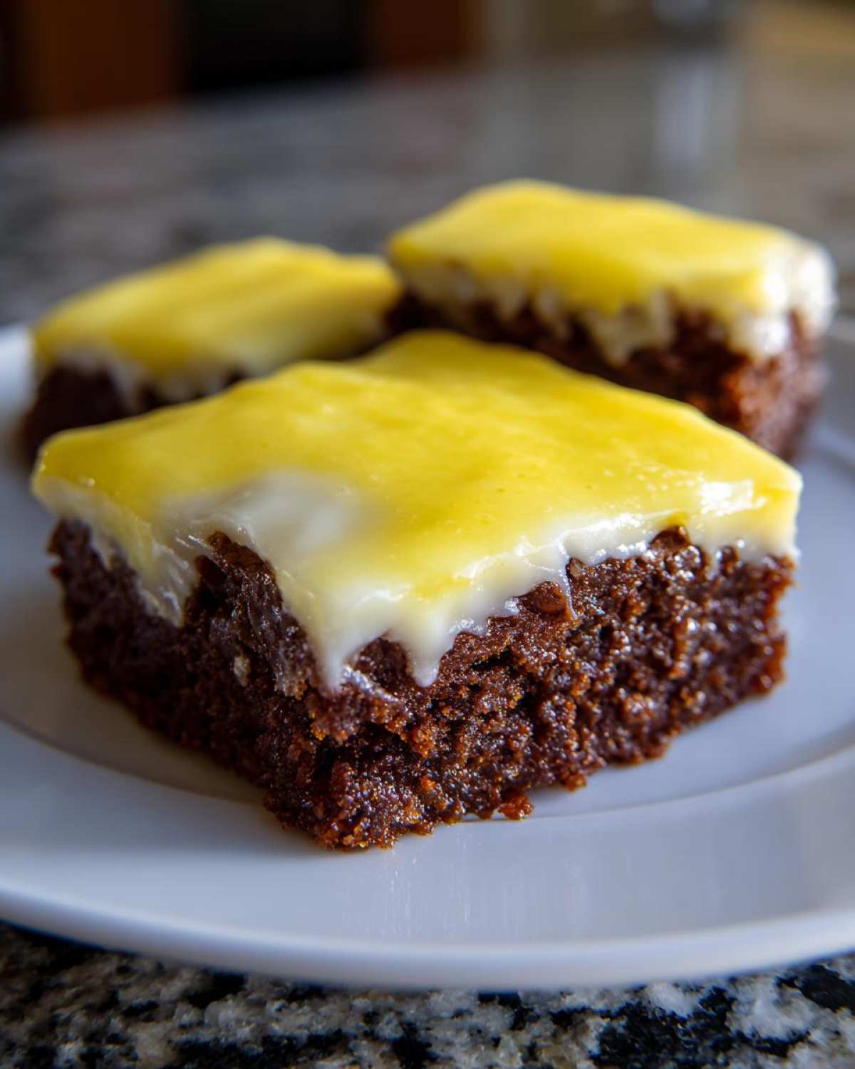 Close-up of fudgy chocolate Lemon Brownies topped with a thick, bright yellow lemon glaze, served on a white plate.