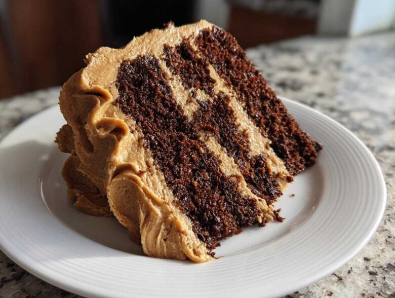 A close-up of a rich slice of gingerbread latte cake showing dark chocolate layers alternating with light brown coffee frosting.