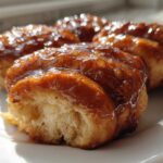 Close-up of three sticky, glazed apple dumpling pastries sitting on a white plate, glistening in the sunlight.