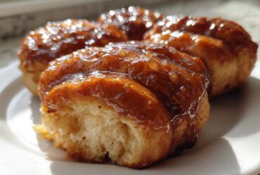 Close-up of three sticky, glazed apple dumpling pastries sitting on a white plate, glistening in the sunlight.