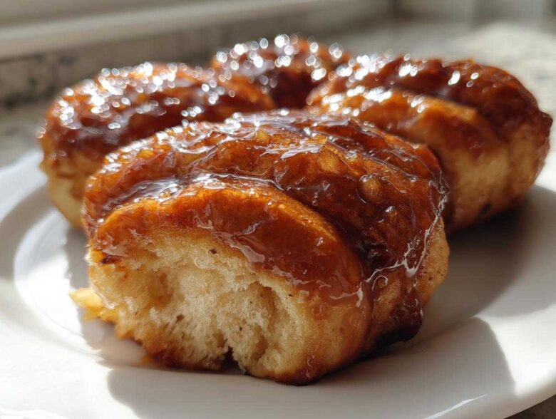Close-up of three sticky, glazed apple dumpling pastries sitting on a white plate, glistening in the sunlight.