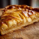 A close-up, appetizing slice of a French-style apple tart with perfectly arranged, glazed apple slices on a wooden board.