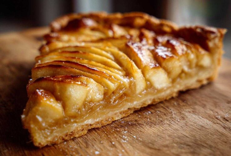 A close-up, appetizing slice of a French-style apple tart with perfectly arranged, glazed apple slices on a wooden board.