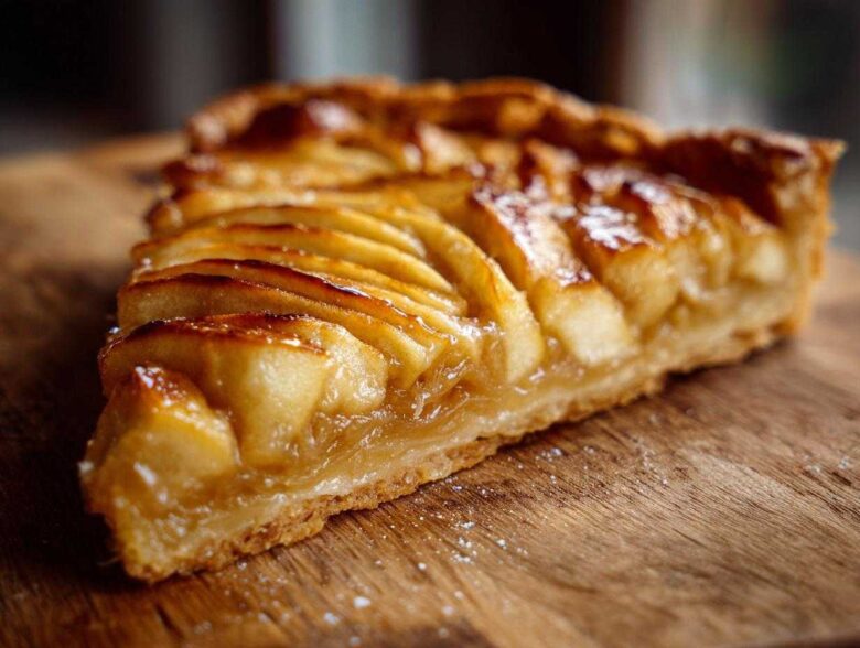 A close-up, appetizing slice of a French-style apple tart with perfectly arranged, glazed apple slices on a wooden board.