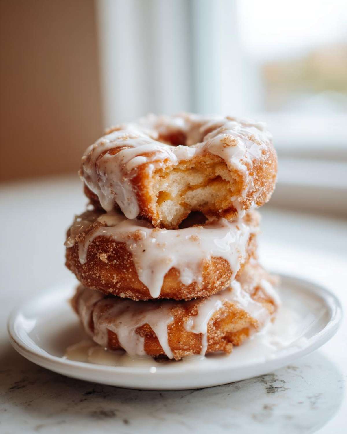 A stack of three delicious baked apple fritters, heavily glazed and sprinkled with cinnamon sugar, with a bite taken out of the top one.