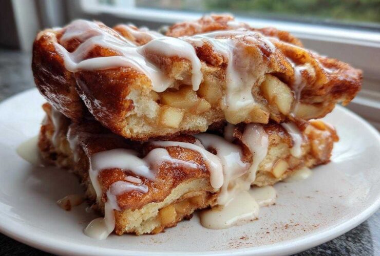 Two stacked baked apple fritters generously drizzled with white vanilla glaze, showing chunks of apple inside.