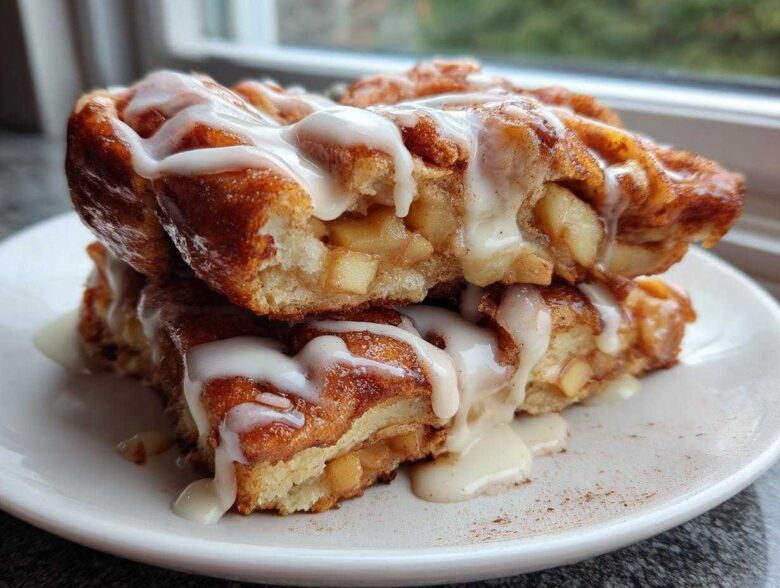 Two stacked baked apple fritters generously drizzled with white vanilla glaze, showing chunks of apple inside.
