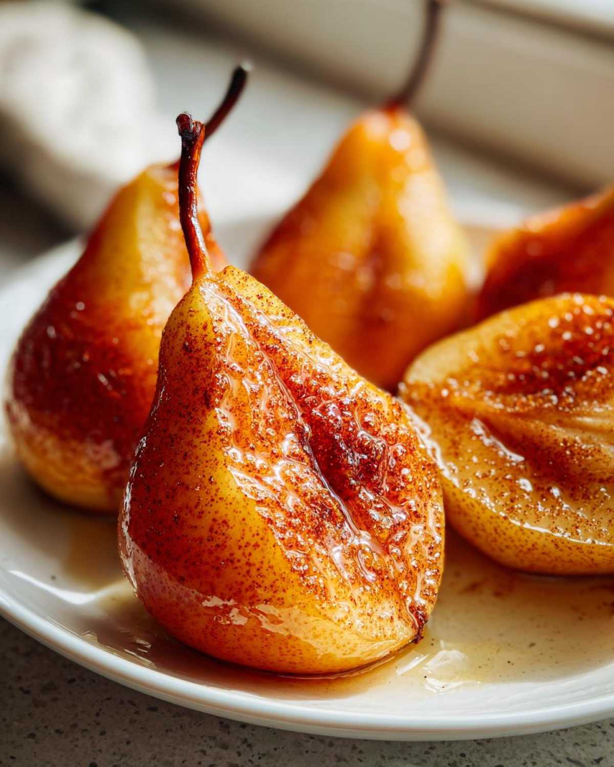 A close-up of glistening, caramelized baked pears sprinkled with cinnamon on a white plate.