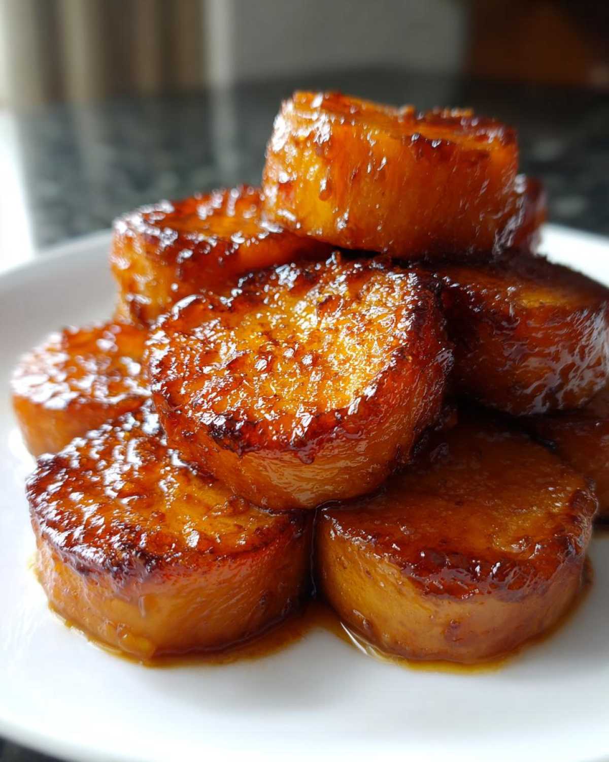 A stack of thick, round candied sweet potatoes slices covered in a rich, glossy brown sugar glaze.