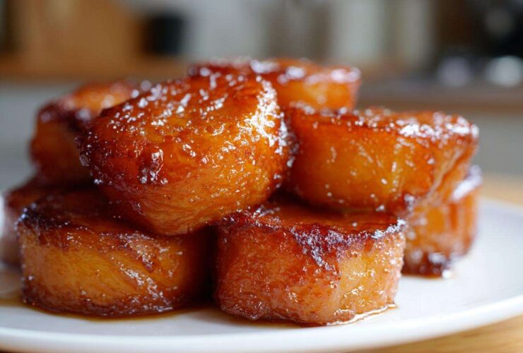 A stack of beautifully glazed candied sweet potatoes glistening with syrup on a white plate.
