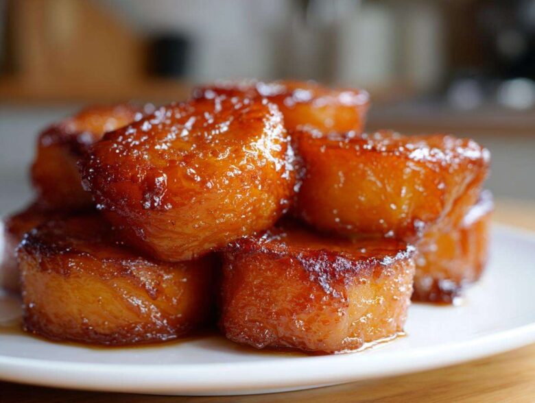 A stack of beautifully glazed candied sweet potatoes glistening with syrup on a white plate.