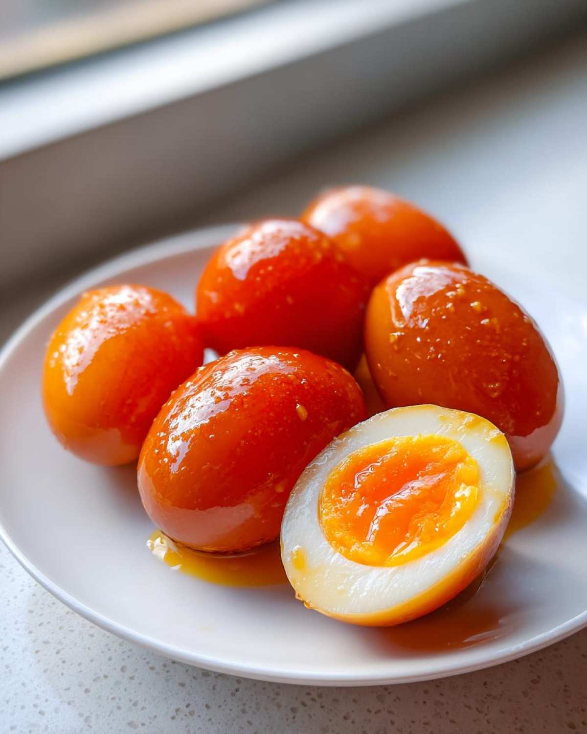 Five glossy, orange-stained marinated eggs on a white plate, one cut open revealing a bright, jammy yolk.