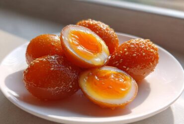 Close-up of glossy, orange-colored marinated eggs, some whole and some halved showing jammy yolks.