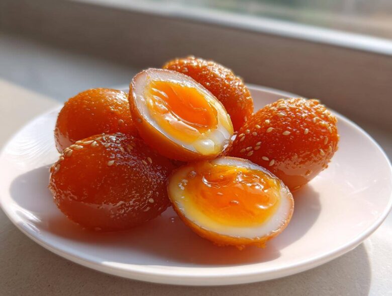 Close-up of glossy, orange-colored marinated eggs, some whole and some halved showing jammy yolks.