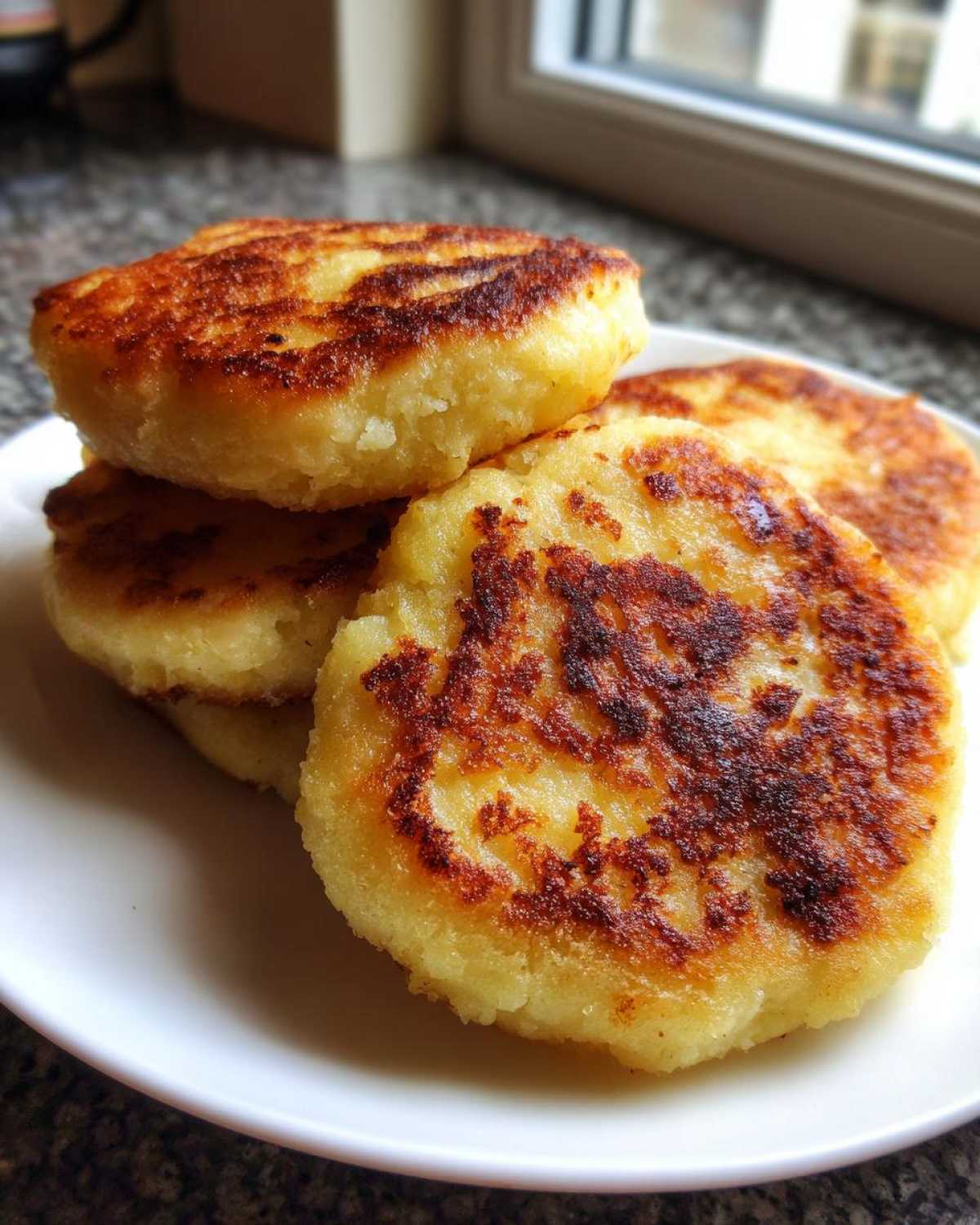 A stack of four golden brown, pan-fried Irish potato farls resting on a white plate.