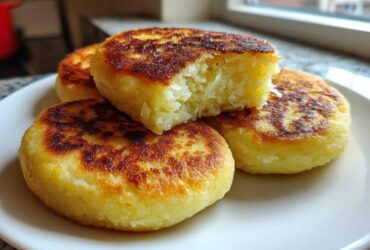 Close-up of four golden brown, pan-fried Irish potato farls stacked on a white plate, one piece broken open showing the fluffy interior.
