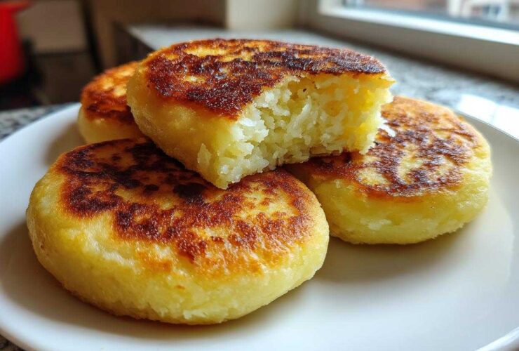 Close-up of four golden brown, pan-fried Irish potato farls stacked on a white plate, one piece broken open showing the fluffy interior.
