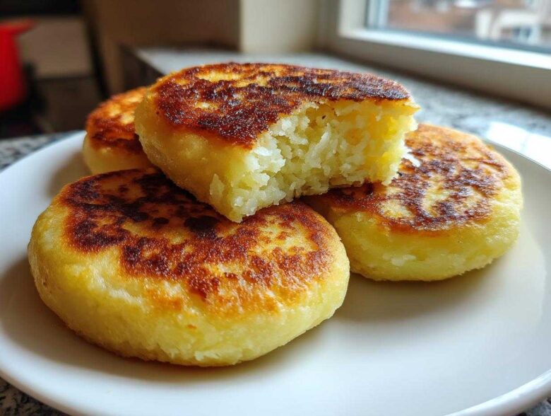 Close-up of four golden brown, pan-fried Irish potato farls stacked on a white plate, one piece broken open showing the fluffy interior.