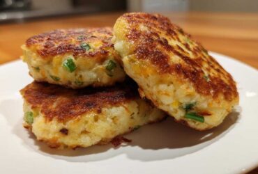 Three perfectly pan-fried mashed potato cakes, golden brown and speckled with green onions, stacked on a white plate.