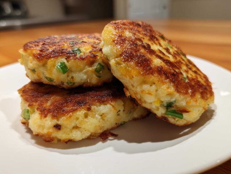 Three perfectly pan-fried mashed potato cakes, golden brown and speckled with green onions, stacked on a white plate.