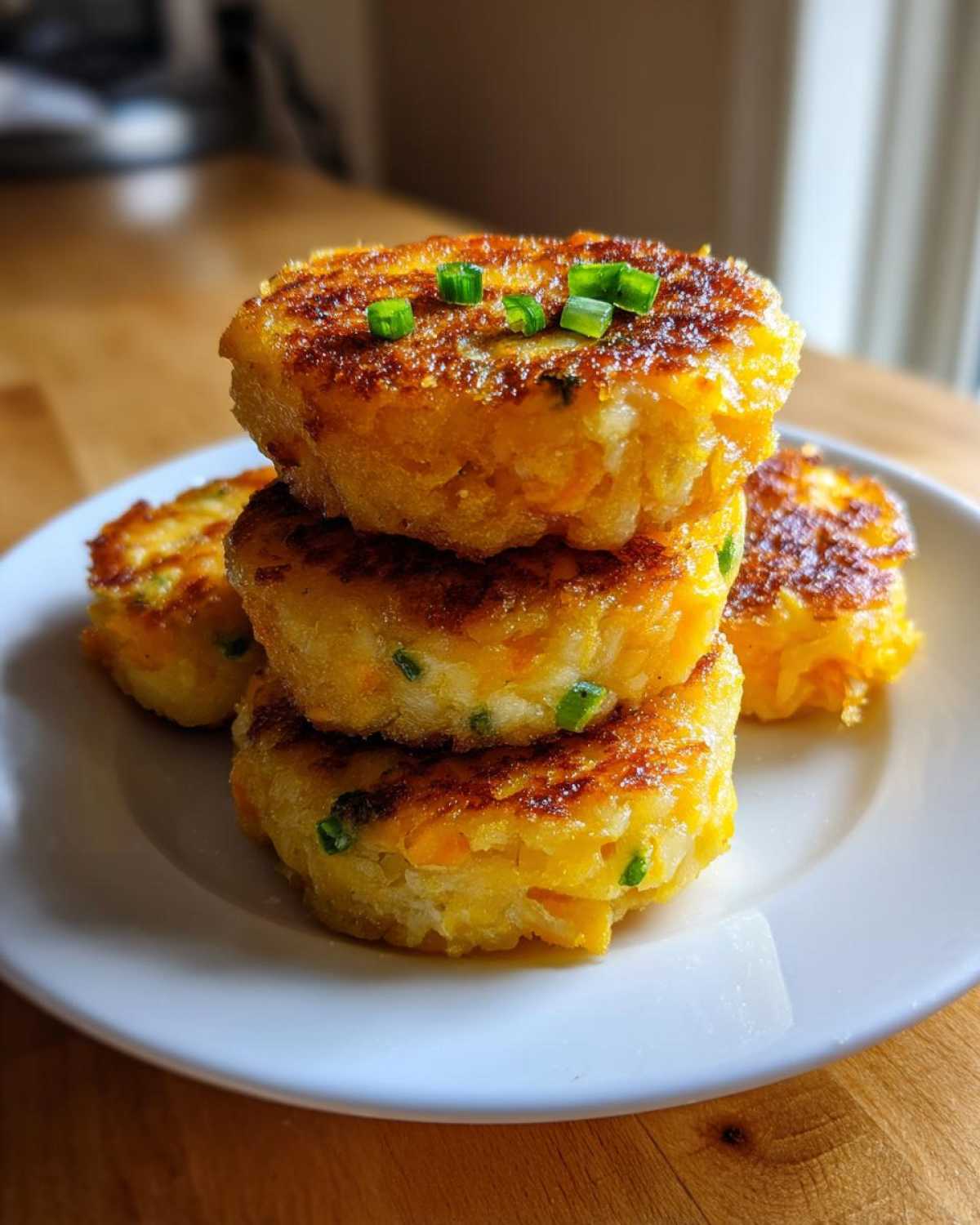 A stack of three golden brown, pan-fried mashed potato cakes, garnished with chopped green onions.