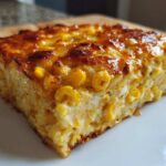 A thick, golden-brown slice of rich cream cheese corn casserole served on a white plate.