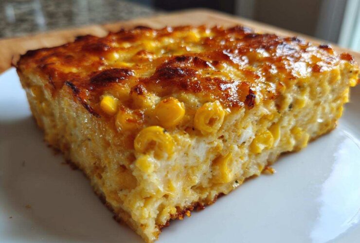 A thick, golden-brown slice of rich cream cheese corn casserole served on a white plate.