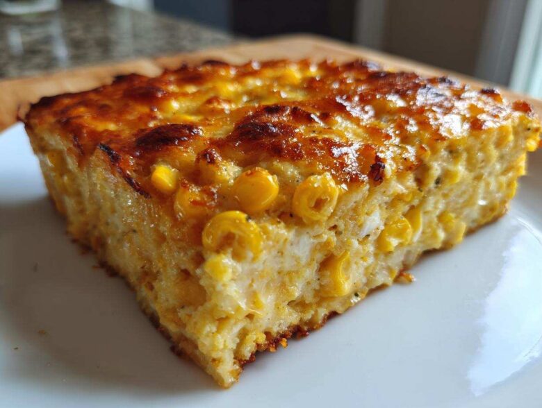 A thick, golden-brown slice of rich cream cheese corn casserole served on a white plate.