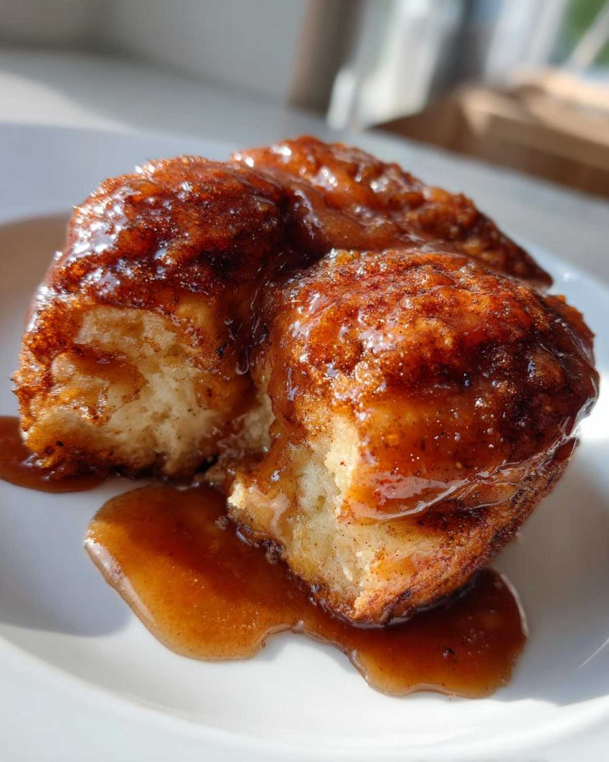 A close-up shot of a soft, baked apple dumpling covered in a rich, glossy caramel-cinnamon sauce, served on a white plate.