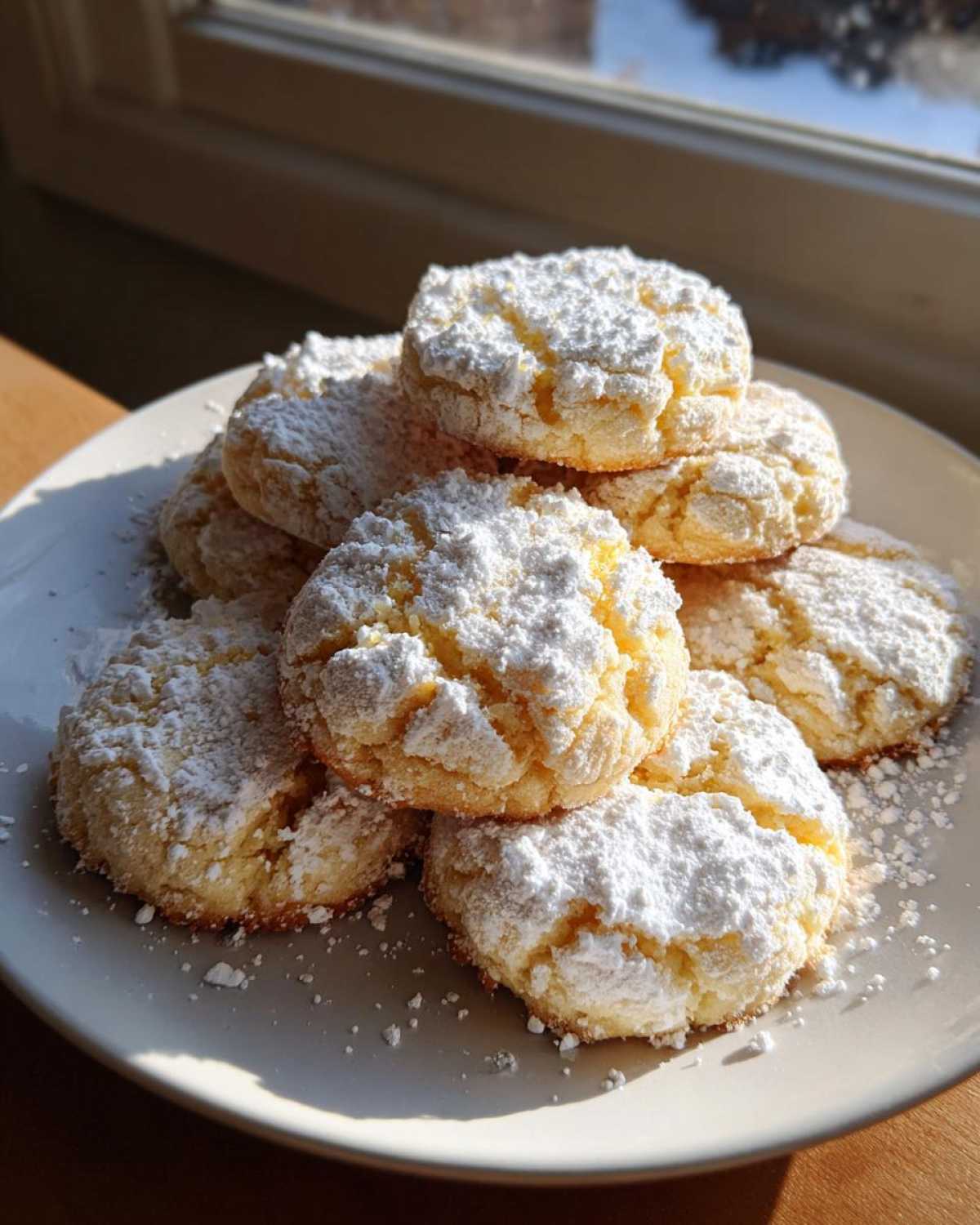 A stack of freshly baked, crinkled gooey butter cookies heavily dusted with white powdered sugar.