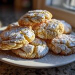 A stack of freshly baked, crinkled gooey butter cookies heavily dusted with white powdered sugar on a white plate.