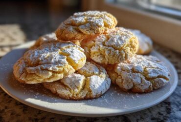 A stack of freshly baked, crinkled gooey butter cookies heavily dusted with white powdered sugar on a white plate.