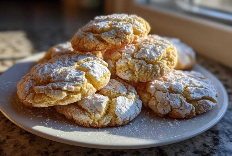 A stack of freshly baked, crinkled gooey butter cookies heavily dusted with white powdered sugar on a white plate.