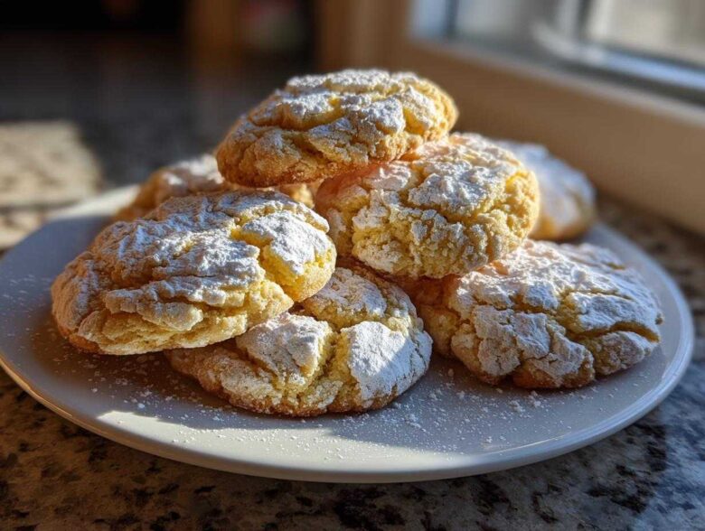 A stack of freshly baked, crinkled gooey butter cookies heavily dusted with white powdered sugar on a white plate.