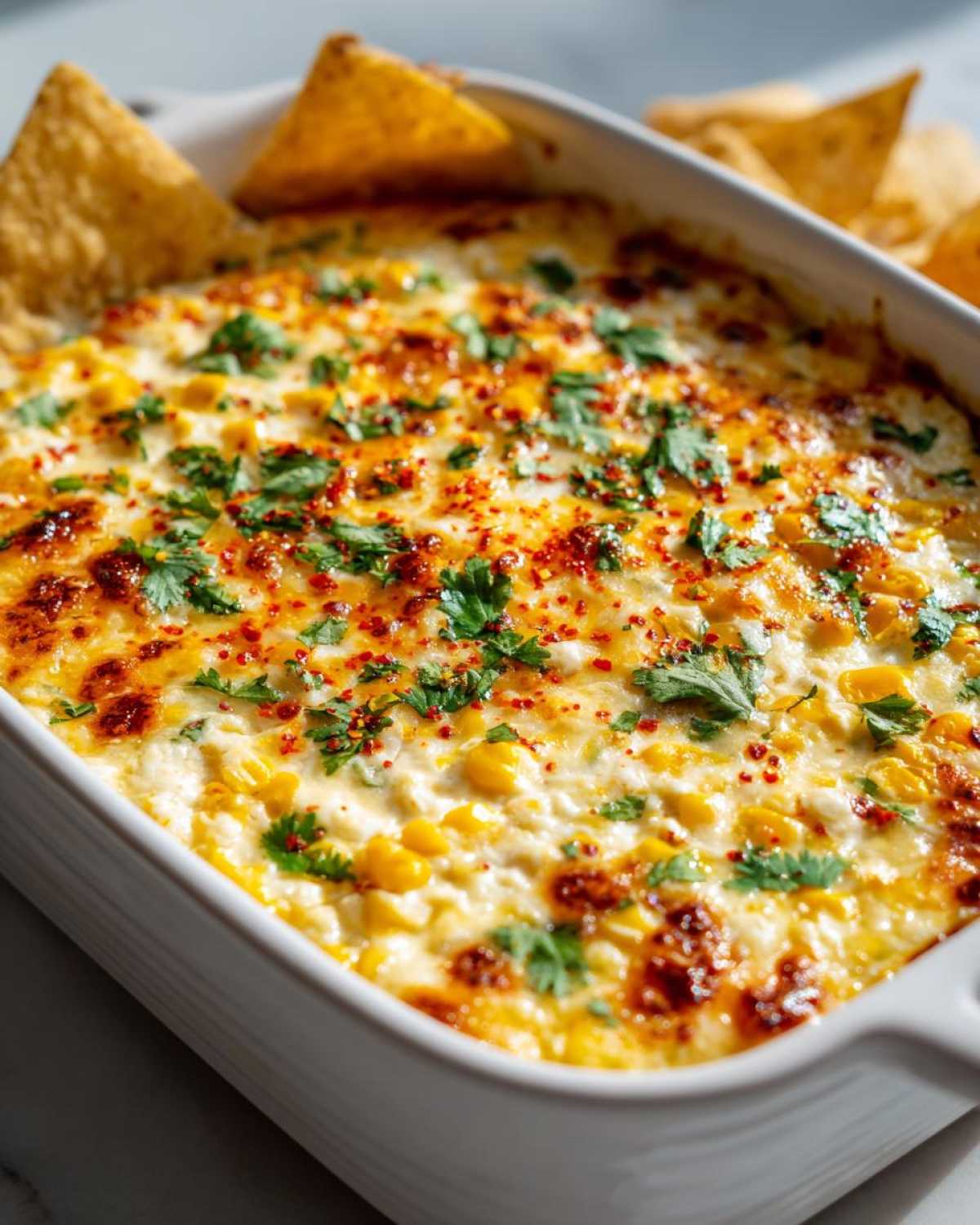 Close-up of creamy, baked street corn dip topped with cilantro and chili flakes, served with tortilla chips.