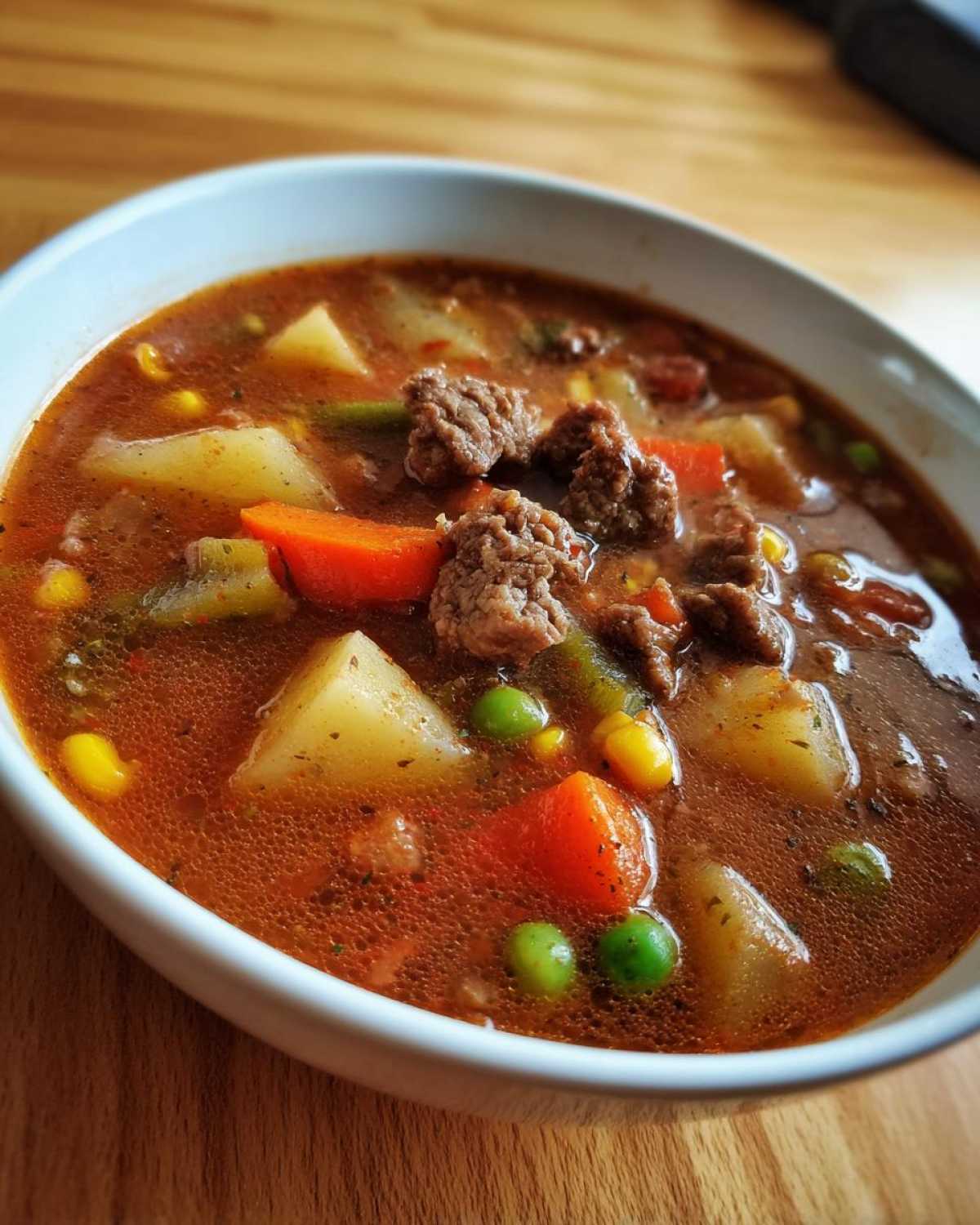Close-up of a white bowl filled with rich, tomato-based hamburger soup featuring ground beef, potatoes, carrots, peas, and corn.